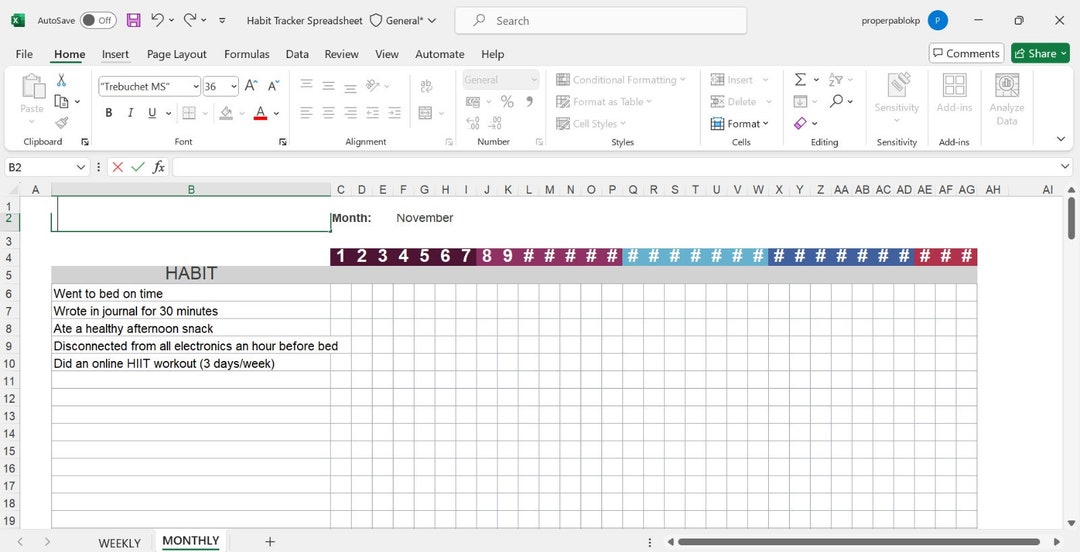 Habit Tracker Spreadsheet Google Sheets Excel Template Daily Habit ...