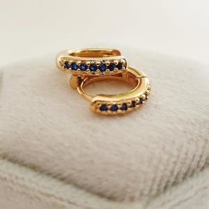 Puede incluir: Un par de pendientes de aro dorados con una fila de pequeñas piedras preciosas azul oscuro. Los pendientes se exhiben en una caja de joyería de terciopelo gris claro. El fondo es de color blanco roto.