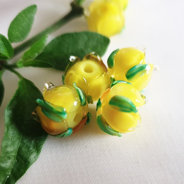 SWEET FRIENDSHIP YELLOW Rose Beads, Beautiful Lampwork Peonies, Handmade Glass Roses Beads, 11-12mm Sweet Lemon Yellow Artisan Beads, 1pc