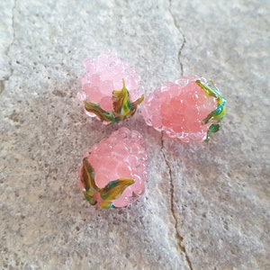 Peut inclure: Trois perles en verre de framboise roses avec des détails de feuilles vertes et bleues.
