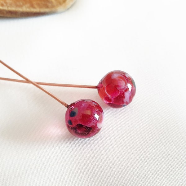 LAMPWORK HEADPIN BEADS, Gipsy Pin Bead, 10-11mm Pink Sorbet Bead on Copper Wire, Lovely Red Pink Glass Headpins, 1pc