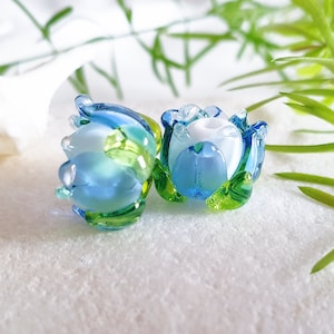 OCEAN WATER LILIES, Lovely Handmade Glass Flowers, Beautiful Delicate Lampwork Blue Beads,  Little Precious Waterlily Flower Beads, 1pc