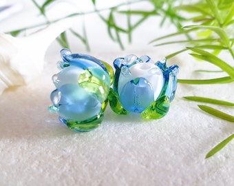 OCEAN WATER LILIES, Lovely Handmade Glass Flowers, Beautiful Delicate Lampwork Blue Beads,  Little Precious Waterlily Flower Beads, 1pc