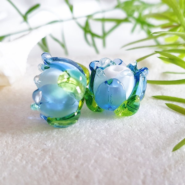 OCEAN WATER LILIES, Lovely Handmade Glass Flowers, Beautiful Delicate Lampwork Blue Beads,  Little Precious Waterlily Flower Beads, 1pc