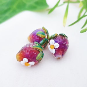 MAGICAL FAERY STRAWBERRY Glass Beads, Gorgeous Lampwork Special Silver Glass Beads, Beautiful Strawberries Artisan Glass Faeriebeads, 1pc image 1