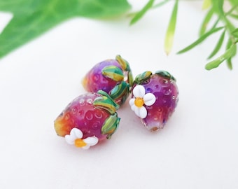 MAGICAL FAERY STRAWBERRY Glass Beads, Gorgeous Lampwork Special Silver Glass Beads, Beautiful Strawberries Artisan Glass Faeriebeads, 1pc