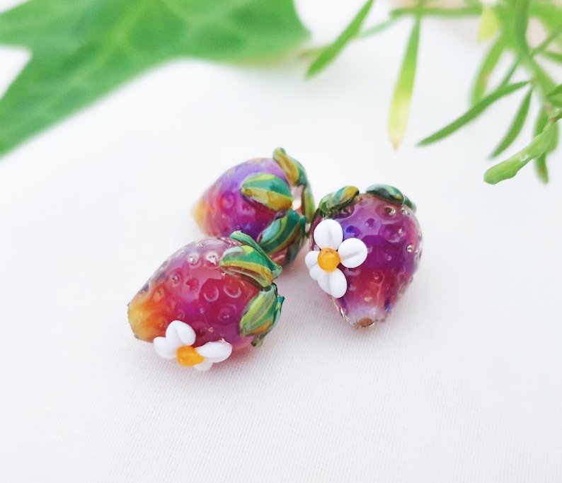 MAGICAL FAERY STRAWBERRY Glass Beads, Gorgeous Lampwork Special Silver Glass Beads, Beautiful Strawberries Artisan Glass Faeriebeads, 1pc image 1