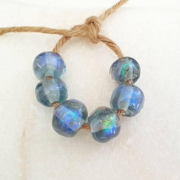 MOONLIGHT TEAR BEADS, 11-12mm Organic Handmade Rounded Glass Beads, Dichroic Beads Lampwork Glass Beads, Blue Dichro Magic Glass Beads, 1pc