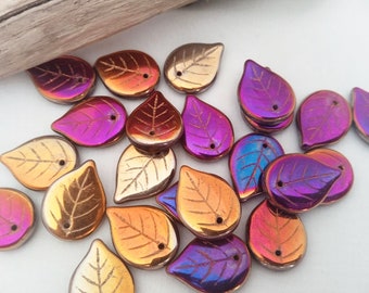 LOVELY WHIMSICAL LEAVES Glass Bead, 18x13mm Golden-Brown Purple-Pink Mix Beautiful Glass Beads, Jewelry Crafting Pretty Glass Leaves, 10pcs