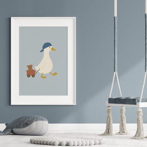 Dummer Gans mit Rollwagen druckbare Wandkunst x1, Jungen-Kinderzimmer-Digital-Download, lustige Gans-Kinderzimmer-Dekor, sofortiger Download, Spielzimmer-Kunst