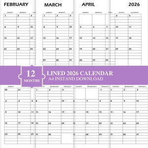 2026 Monthly Calendar, Landscape Calendar, Printable Calendar Template, Year Calendar, A4 Calender 2025, Digital Calendar