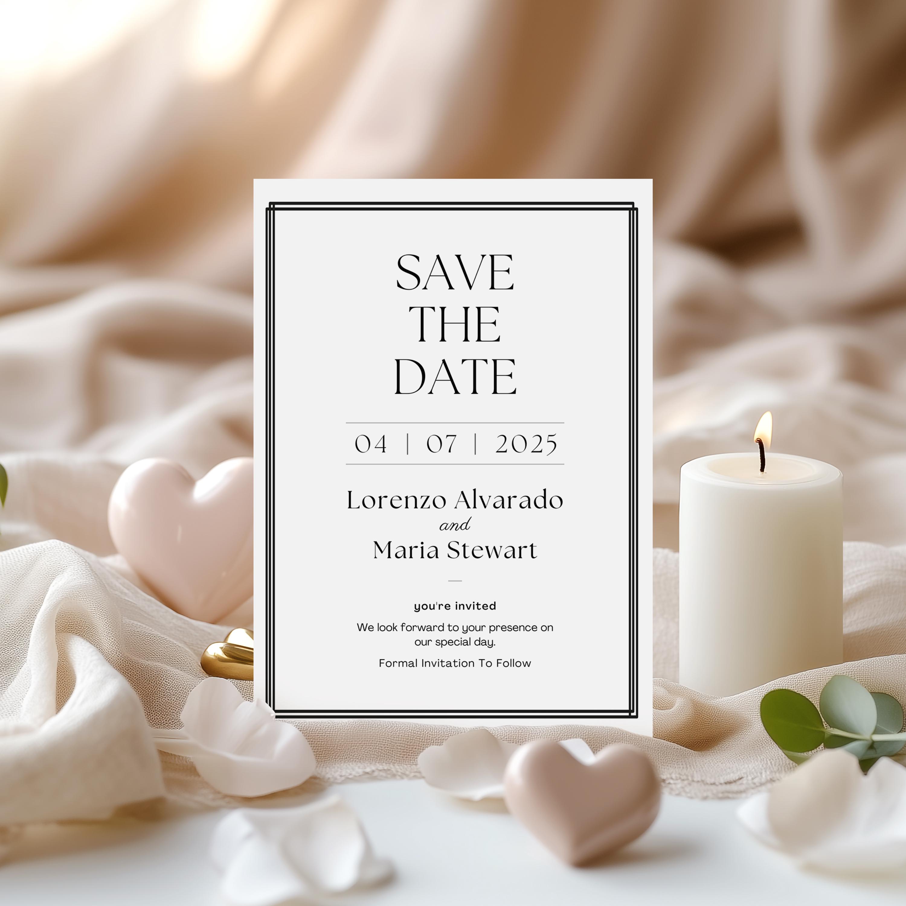 Save The Date Cards | Minimalist Save The Dates | Black & White Save The Dates | 5x7" | Modern Wedding Invitation Camva Editable Template