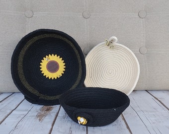 Bee / Sunflower / Butterfly Themed Coiled Rope Bowls