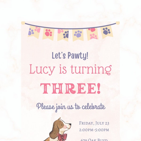 Custom Dog Birthday Invitation, Girl Birthday Invite, Let's Pawty, 5x7 Invitation, Digital Download