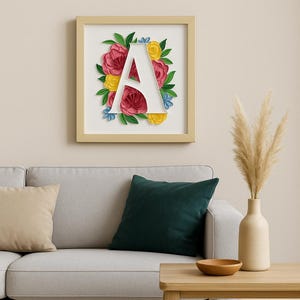 Letra "A": Monograma floral en filigrana / Arte inicial personalizado en papel, decoración de pared enmarcada