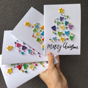 4er Set Handgemachte Quilling Weihnachtskarten | Bunter Papierbaum – Frohe Weihnachten!