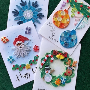 Set van 4 handgemaakte kerstkaarten filigraan | Kerstkaarten met sneeuwvlokken, kransen en kerstballen