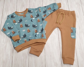 Set aus Oversized Sweater und Hose für Kleinkinder Blau Beige mit süßem Bär Gr- 56 -98