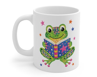 Mignonne tasse grenouille lisant une tasse de café, un cadeau pour un amateur de livres, une tasse de professeur, un cadeau pour un professeur d'anglais, une tasse de lecture, une tasse de bibliothécaire