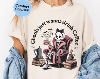 Bookish coffee lover halloween shirt Comfort Colors® coffee gift for Halloween spooky fall clothes skeleton tee fall booktrovert tee teacher