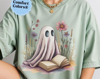 Halloween summer shirt floral ghost shirt bookish ghost tee summerween, spooky season halloween tshirts flower tee halloween outfits