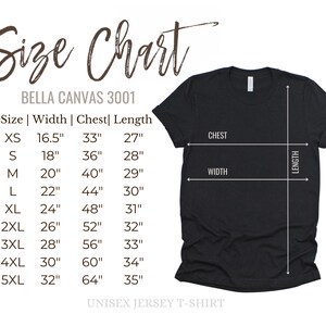 May include: Size chart for Bella Canvas 3001 unisex jersey t-shirts. The chart shows sizes XS through 5XL with corresponding width, chest, and length measurements in inches.