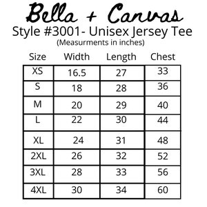 Peut inclure: Tableau des tailles pour un t-shirt en jersey unisexe, indiquant les mesures en pouces pour les tailles XS &agrave; 4XL. Le tableau comprend les mesures de la largeur, de la longueur et de la poitrine.