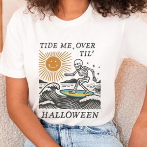 Summerween shirt, summer skeleton, surfing skeleton spooky summer tee, ghost shirt, halloween summer vibes, girly summer, retro tshirt