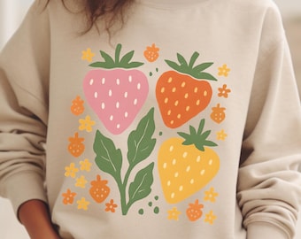 Strawberry sweatshirt boho style floral print, boho floral sweatshirt, strawberry cute sweatshirt, gardening sweatshirt gifts