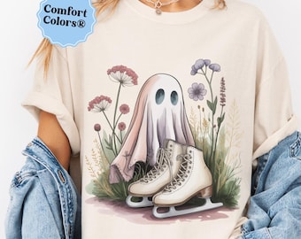 Halloween summer shirt floral ghost ice skating tee ghost tee summerween, spooky season halloween tshirts flower tee halloween outfits