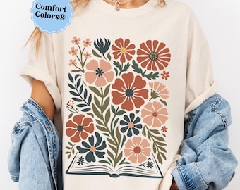 Comfort Colors® floral books shirt book shirts for women bookish tee pressed flowers reading tshirt book club bookworm shirt library gift