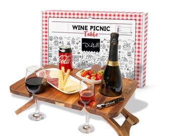 DIDBELL Wine Picnic Table portable, Wine Opener & Gift Box Included! Acacia Wood Table with Bottle and 4 Glass Holders, outdoors and indoors