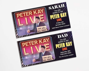 Peter Kay Personalised Gift Voucher Tickets, Can do any event, Concert Reveal, Surprise Event, Fake Souvenir Ticket Gift and Envelope