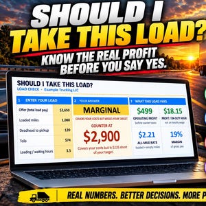 May include: A laptop screen displaying a load check software interface for trucking, featuring columns for load offer, miles, and costs. The screen shows a marginal offer of $2,650 with a counter-offer of $2,900. Text includes Should I Take This Load?