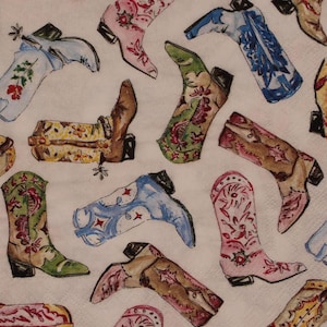 May include: A collection of colorful cowboy boots in various designs and colors, including pink, blue, green, and brown. The boots feature floral and geometric patterns, with some having spurs. The boots are arranged on a white background.