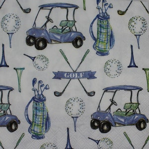 May include: A white background with a repeating pattern of golf-themed illustrations. The illustrations include golf carts, golf clubs, golf balls, and golf bags. The text "GOLF" is featured in a blue banner.