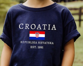 Camiseta juvenil de Croacia, camiseta con la bandera croata, camiseta Hrvatska, camiseta con herencia croata, camiseta de algodón grueso con cuello redondo para niños