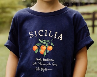 Kids Sicilia Island Italy T Shirt, Youth Italy Sicilia Oranges Shirt , Travel Crewneck Kids Heavy Cotton Tee