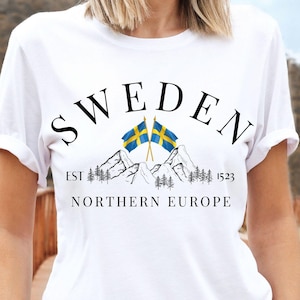 Sweden T Shirt, Swedish Flag Mountains Shirt, Northern Europe Shirt, Swedish Gift, Unisex Soft Comfortable Tee
