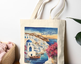 Santorini Greece Tote Bag, Beach Tote, Greece Gift, Santorini Travel Gift, Bachelorette Party  Canvas Tote Bag