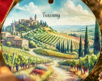 Toscane Italië kerstornament, Toscane wijngaarden aquarel kerstornament, Italië cadeau keramisch ornament