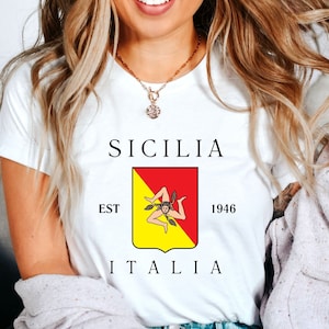 Sicily Island Italy Shirt, Sicilia Tshirt, Sicilia Coat of Arms, Mediterranean Sea, Italian Region Flag, Italy Soft and Comfortable T-Shirt