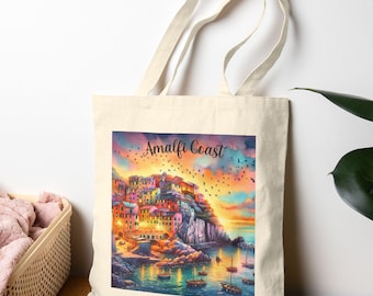 Italy Tote Bag, Amalfi Coast Watercolor Tote, Italy Travel Gift, Canvas Tote Bag