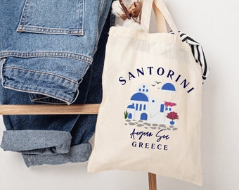 Sac cabas Santorin, sac cabas Grèce, sac cabas grec, cadeau Grèce, sac à bandoulière île grecque, sac cabas en toile naturelle 100 % coton