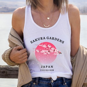 Sakura Gardens Tokyo  Tank Top, Cherry Blossom Japan Vintage Trendy Top,TikTok Trendy,Women&#39;s Ideal Racerback Tank
