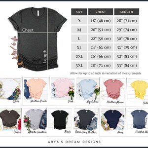 May include: A chart showing the size, chest, and length measurements for a t-shirt in inches and centimetres. The chart shows sizes S, M, L, XL, 2XL, and 3XL. Below the chart are 12 different colour options for the t-shirt.