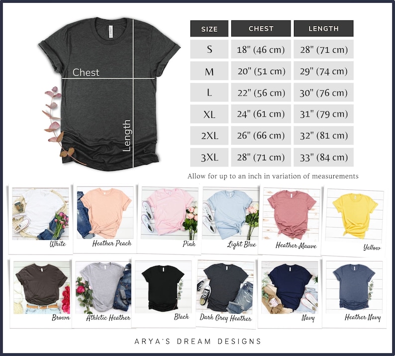 May include: A chart showing the size, chest, and length measurements for a t-shirt in inches and centimetres. The chart shows sizes S, M, L, XL, 2XL, and 3XL. Below the chart are 12 different colour options for the t-shirt.