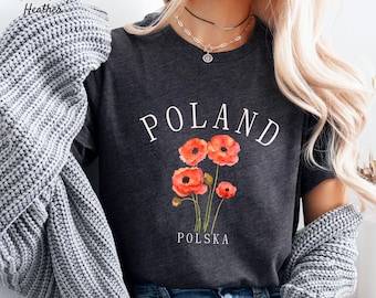 Camiseta de Polonia, camiseta con flores de amapola de Polonia, camiseta de Polonia, cuello redondo de viaje unisex
