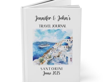 Diario de viaje personalizado a las islas griegas, cuaderno de vacaciones en Santorini, Mykonos, Naxos y Grecia, planificador de viaje personalizado, diario de tapa dura mate