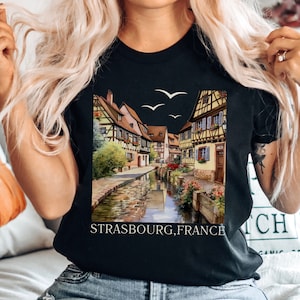 Camiseta de Francia, camiseta de Estrasburgo, camiseta de Francia, camiseta unisex de viaje con cuello redondo y recuerdo de Francia